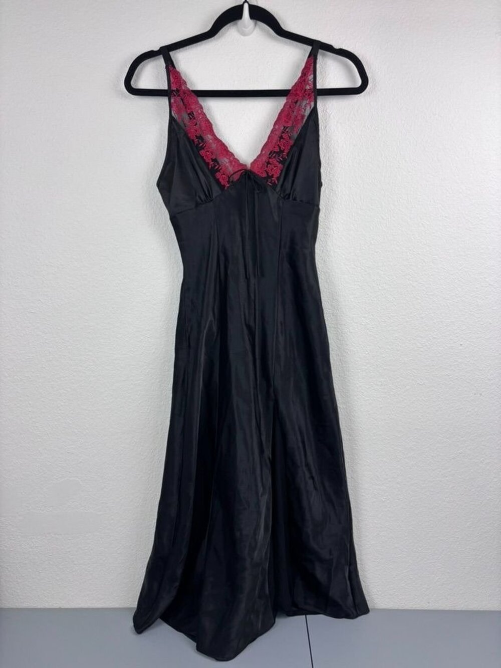 Vintage Inner Most women's small black red lace sati maxi slip dress v-neck gown